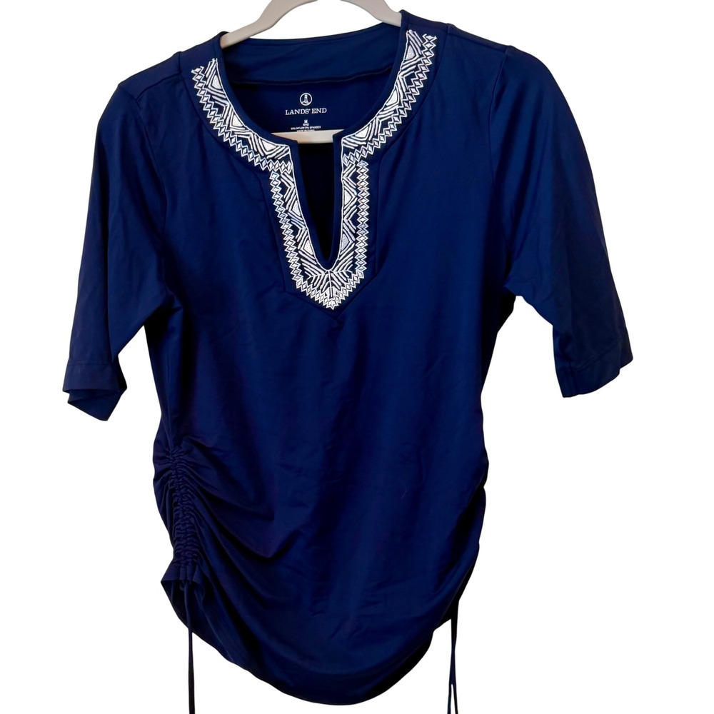 Lands End Womens Navy Blue Embroidered Split Neck Ruched Swim Tunic Rash Guard M